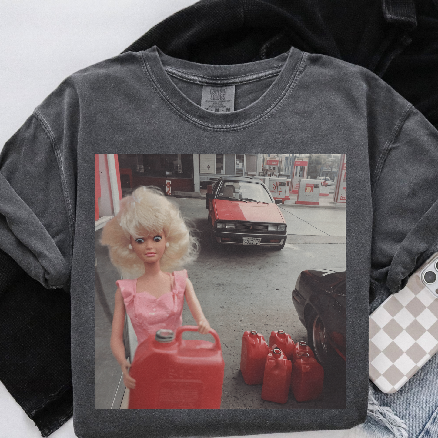 Doll Gas Station Chaos Funny Vintage Tee