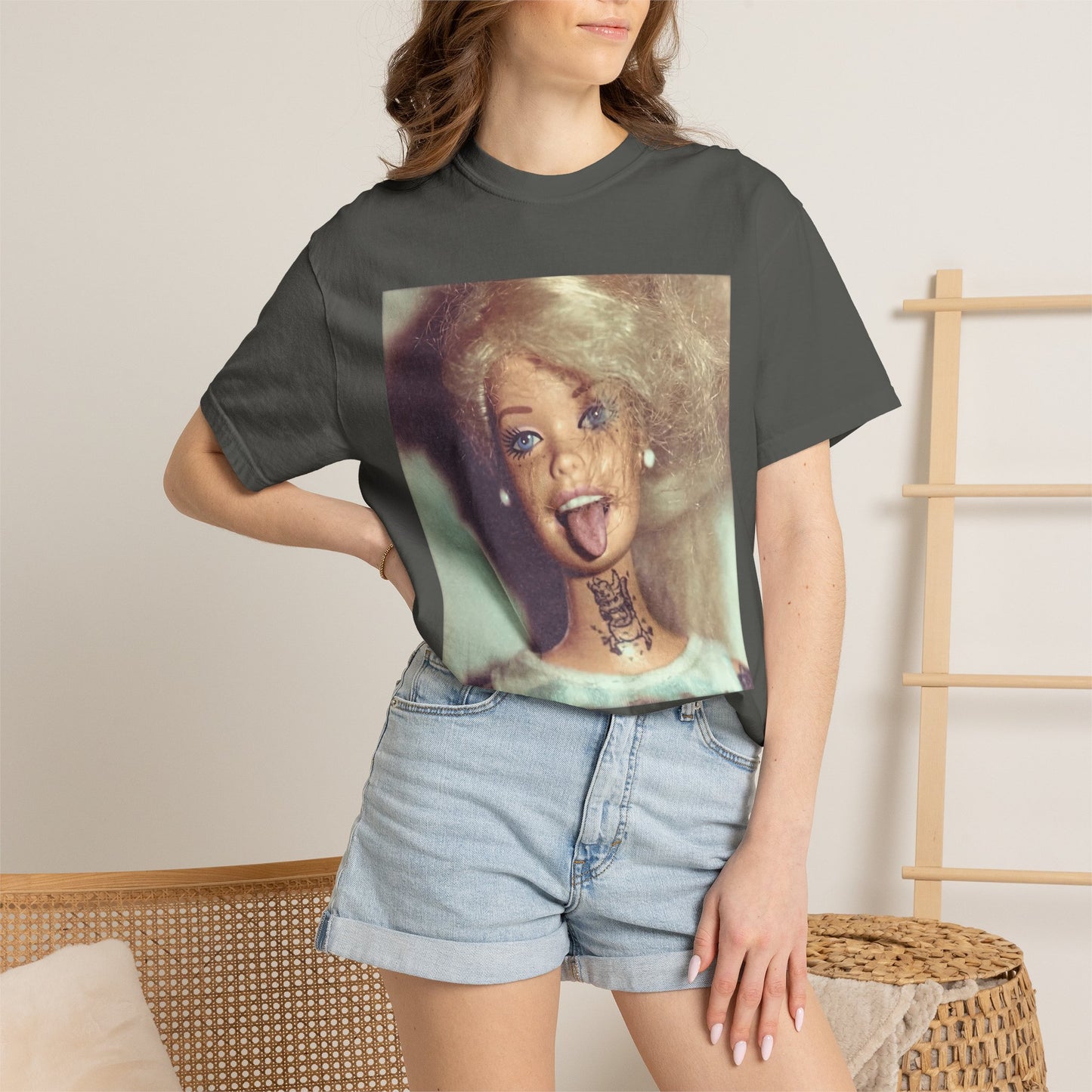 Tattooed Doll Tongue Out Retro Funny Tee