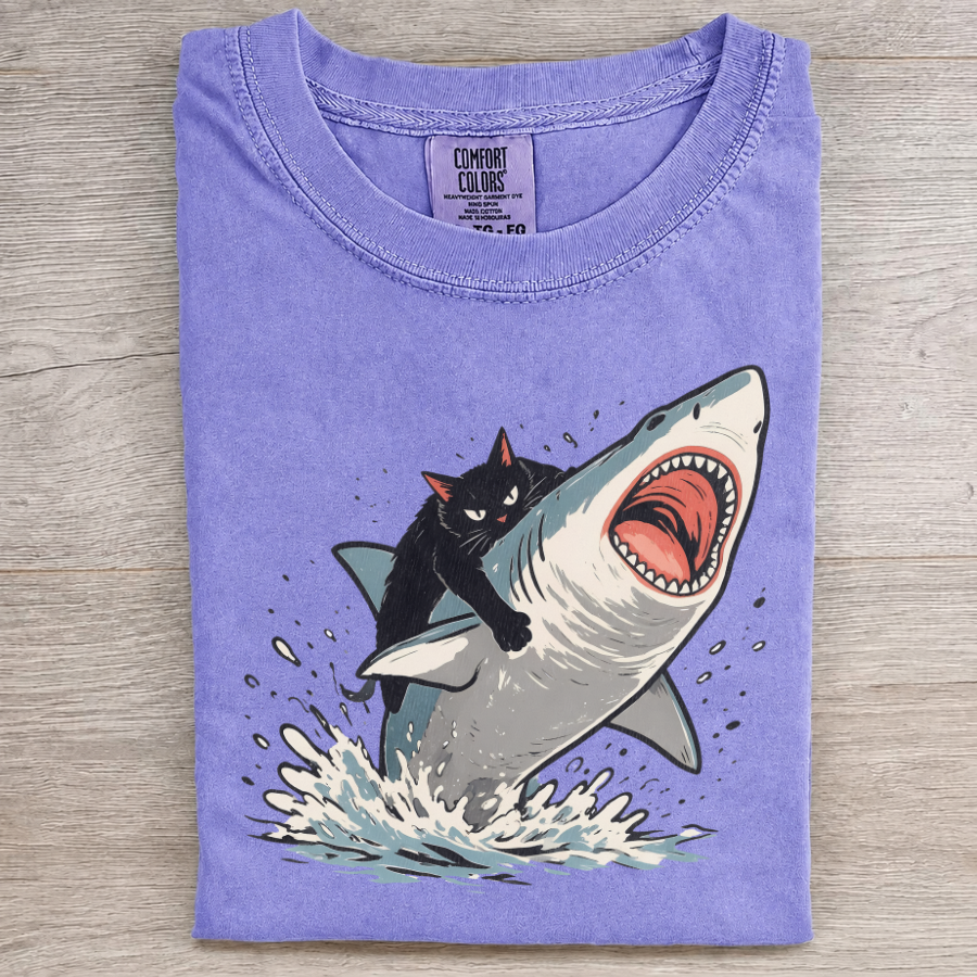 Funny Cat Riding Shark Graphic Tee