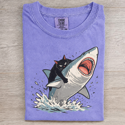 Funny Cat Riding Shark Graphic Tee