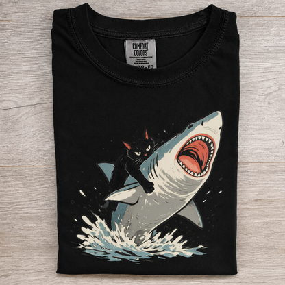 Funny Cat Riding Shark Graphic Tee