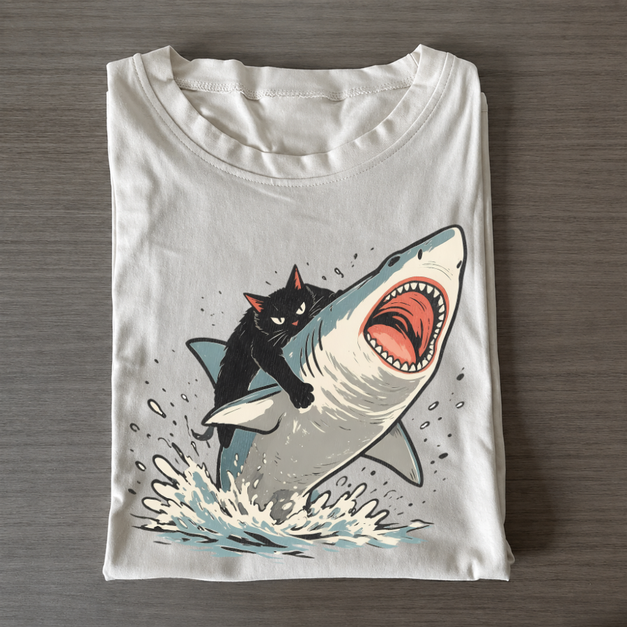 Funny Cat Riding Shark Graphic Tee