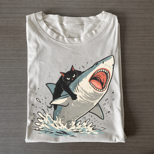 Funny Cat Riding Shark Graphic Tee