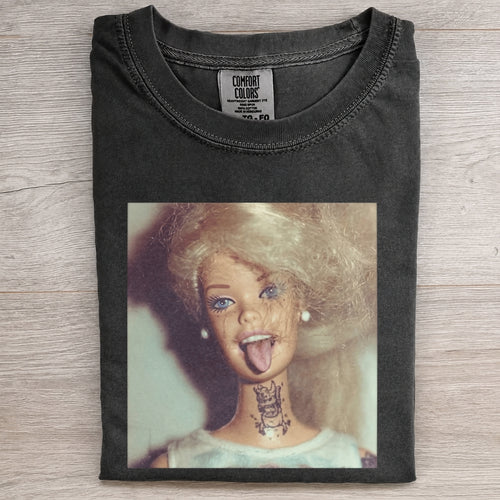 Tattooed Doll Tongue Out Retro Funny Tee