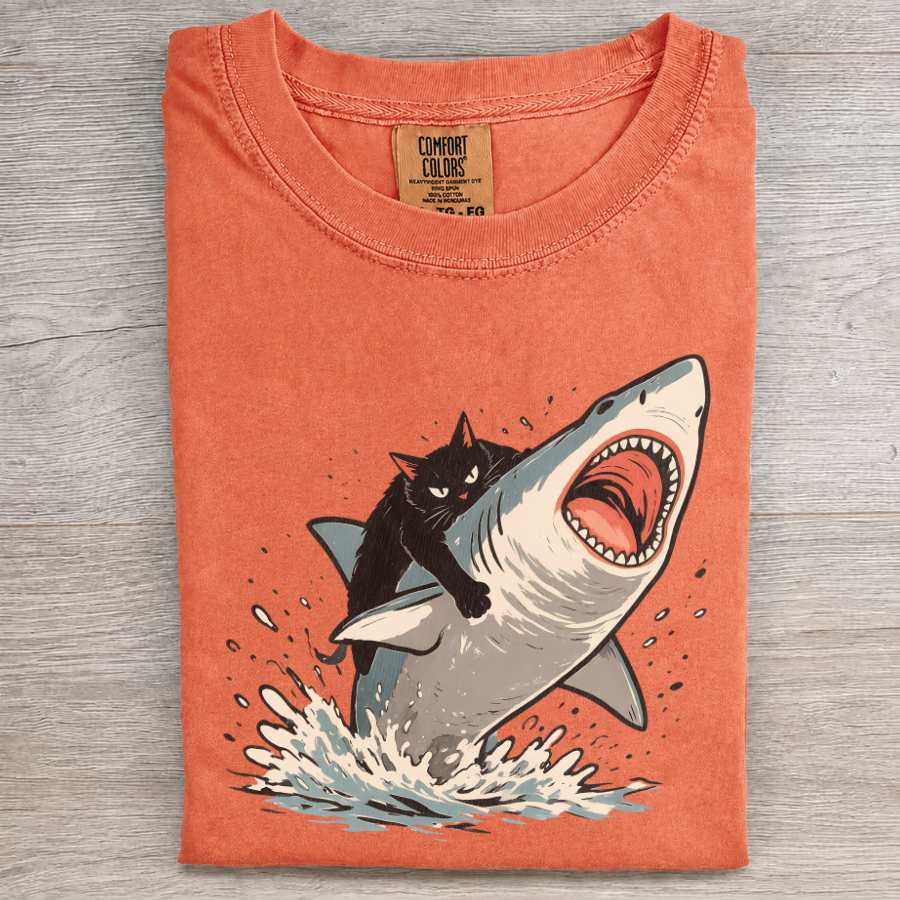 Funny Cat Riding Shark Graphic Tee