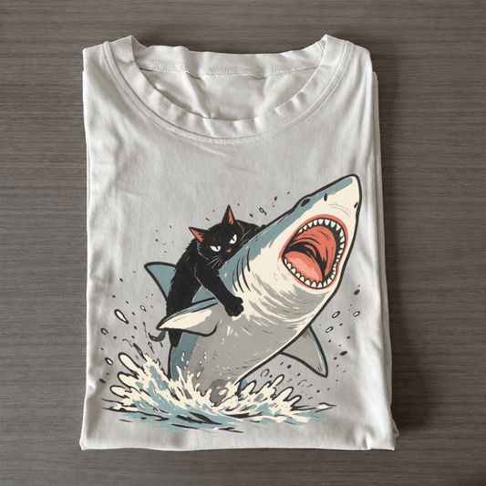 Funny Cat Riding Shark Graphic Tee - Patriot Level